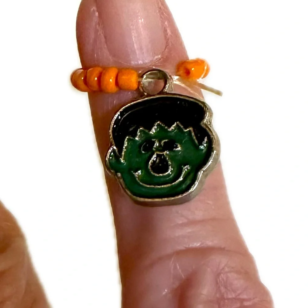 VTG FRANKENSTEIN BEADED RING CHARM HALLOWEEN JEWELRY HANG ON NECKLACE CORD .5”
